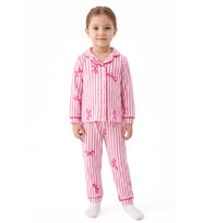 Kız Bebek Beyaz Pembe Fiyonklu Çizgili Pijama Takımı