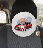 BK Gift Kişiye Özel Plakalı Kadın Hyundai İ20 Karikatürlü Yuvarlak Araç Koltuk Yastığı-1