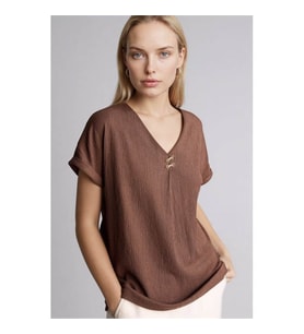 Defacto Regular Fıt V Yaka Bürümcük Kahverengi Kadın T-Shirt H1173AX/BN320