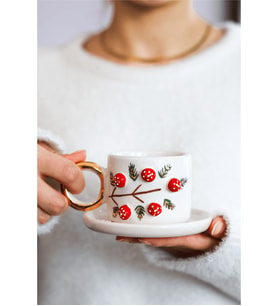 Özce Ceramic Kokina Serisi Handmade 24k Altın Detaylı 100ml Türk Kahvesi Fincan ve Tabak