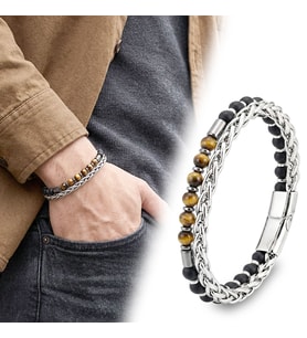 💎 Premium Çelik Zincirli Kaplan Gözü Ve Mat Oniks-Hematit Bileklik 31832B21D10  - 20 cm