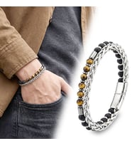 💎 Premium Çelik Zincirli Kaplan Gözü Ve Mat Oniks-Hematit Bileklik 31832B21D10  - 20 cm