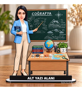 Kişiye Özel Kadın Çoğrafya Öğretmeni Karikatürlü 18 cm MDF Masaüstü Biblo - Öğretmen Hediyesi Öğretmene Özel Hediye