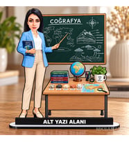 Kişiye Özel Kadın Çoğrafya Öğretmeni Karikatürlü 18 cm MDF Masaüstü Biblo - Öğretmen Hediyesi Öğretmene Özel Hediye