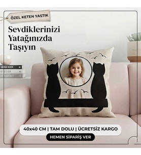 Kedi Desenli Kare Yastık lüx keten(istenilen baskıyla)