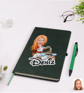 BK Gift Kişiye Özel Kadın Patron Karikatürlü Yeşil Termo Deri Defter Kalem Seti Model 6
