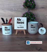 Aile Hekimi Dekoratif Taş, Kalemlik, Sihirli Oval Kupa Bardak, Ahşap Anahtarlık Hediye (Model 1)