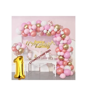 Lüks Pembe Rose Gold 1 Yaş Balon Seti