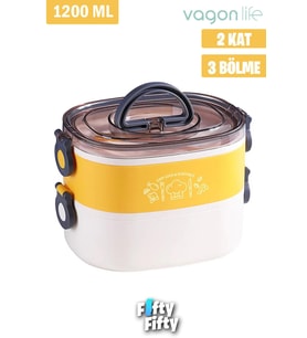 Vagonlife 1200 ML İki Kat Üç Bölme Paslanmaz Çelik Bento Lunch Box Yeni Nesil Sefer Tası-ÇatallıKaşık-FFLBOX50251 (Sarı)