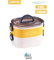 Vagonlife 1200 ML İki Kat Üç Bölme Paslanmaz Çelik Bento Lunch Box Yeni Nesil Sefer Tası-ÇatallıKaşık-FFLBOX50251 (Sarı)