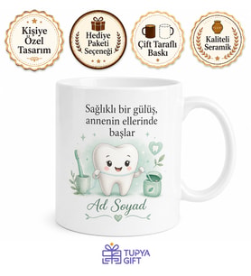 Diş İpi Kullanan Bebek Annesine Sağlıklı Gülüş Temalı Özel Baskılı Kupa Bardak Hediye