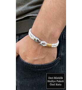 Lumero Ivoryknot Beyaz Deri Erkek Bileklik - Altın Ton Sarım ve Metal Kanca