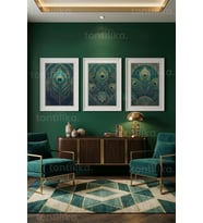 Zümrüt Yeşil Art Deco Tavus Kuşu Desenli 3’lü Ahşap Çerçeveli Tablo Seti