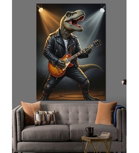 Gitar Çalan Rockçı Dinozor Figürü Dekoratif Kanvas - Mdf Ahşap Tablo