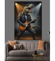 Gitar Çalan Rockçı Dinozor Figürü Dekoratif Kanvas - Mdf Ahşap Tablo