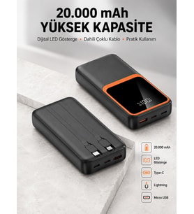 Dijital Ekranlı 20.000 Mah 22.5W Hızlı + Çoklu Bağlantı Seçeneği Yeni Nesil