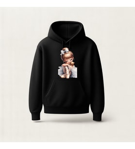 Tatlı Balerin Tasarım Baskılı Hoodie Sweatshirt (Siyah)