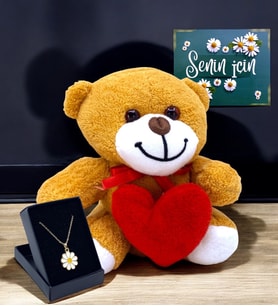 Sevimli Kalpli Peluş Ayıcık ve Kolye Hediye Seti