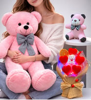 Muhteşem Hediye Seti Pembe Büyük Peluş Ayıcık, Led Işıklı Buket ve Anahtarlık Seti (Model 1)