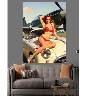 Pin-Up Kız Ve Retro Araba Dekoratif Kanvas - Mdf Ahşap Tablo
