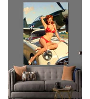 Pin-Up Kız Ve Retro Araba Dekoratif Kanvas - Mdf Ahşap Tablo