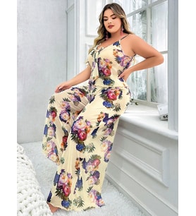 ÖzelTasarım Büyük Beden Çiçek Desenli İnce Askılı 2'li Pijama Takımı (Çok Renkli)