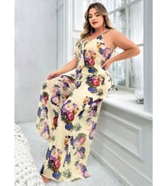 ÖzelTasarım Büyük Beden Çiçek Desenli İnce Askılı 2'li Pijama Takımı (Çok Renkli)