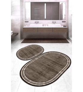 Dijital Baskılı Kaymaz Taban Yıkanabilir Oval 2'li Klozet Takımı Banyo Paspası NOKZ-HY-1244 (Kahverengi)