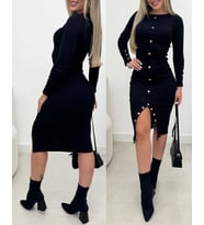 Kadın Uzun Kollu Yırtmaçlı Düğme Detaylı Midi Kaşkorse Elbise (Siyah)