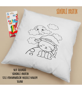 Sihirli Yastık Seti Şapkalı Kedi Temalı Yıkanabilen Aktivite Yastık