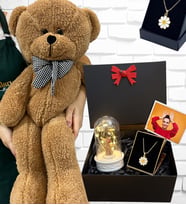 Büyük Boy Kahverengi Peluş Ayıcık ve Tasarım Kolyeli Fotoğraflı Hediye Kutusu (Model 3)