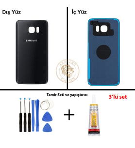 Samsung Galaxy S7 Edge Siyah İnci Renk Arka Kapak + Tamir Seti + B7000 Yapıştırıcı Arka Cam Batarya Kapağı Pil Kapağı Lazer Kesim Back Cover Galaxy S7 Edge Uyumlu
