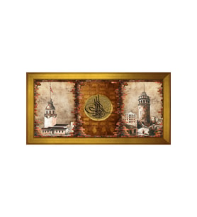 Tuğra Eski Galata ve Kız Kuleleri Motifli Kanvas Tablo 50 x 70 cm Gold Çerçeve
