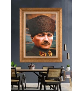 Altın Varaklı Çerçeveli Paspartulu Atatürk Tablo nh136 (Gold)