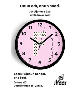 İsme Özel F Harfli Pembe Çocuk Odası Duvar Saati Orta Boy 30 cm Siyah Camlı Sessiz