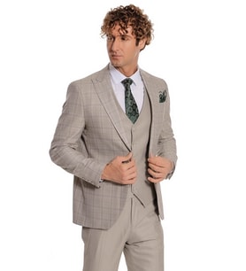Ekose Ceketli Slim Fit Krem Erkek Takım Elbise - Wessi
