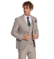 Ekose Ceketli Slim Fit Krem Erkek Takım Elbise - Wessi
