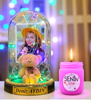 Kişiye Özel Renkli Led Işıklı Fanus ve Kokulu Mum Hediye Seti (Model 9)