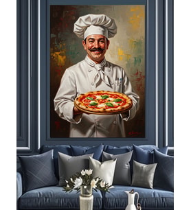 Pizza Tutan Mutlu Şef Dekoratif Kanvas - Mdf Ahşap Tablo
