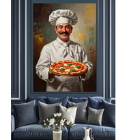 Pizza Tutan Mutlu Şef Dekoratif Kanvas - Mdf Ahşap Tablo