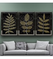 Yapraklar Temalı Aynalı Çerçeveli 3 lü Kanvas Tablo Seti 150x70 cm