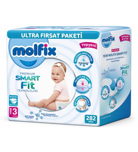 Molfix Premium Smart Fit Bebek Bezi 3 Beden 4-9 KG Midi 282 Adet Aylık Ultra Fırsat Pk