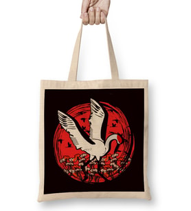 Japanese Flag Stork Crane Sakura Japan Art Nature Flowers Bez Çanta Uzun Saplı