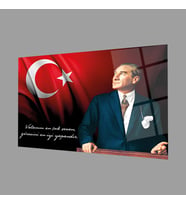 Atatürk Bayrak Atatürk Silüetli Gölgeli Cam Tablo 4mm Dayanıklı Temperli Cam Atatürk Flag Atatürk Silhouette Shadowless Black Background Glass Wall Art