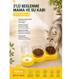 Lexroo Çift Hazneli- 3' lü Beslenme Mama ve Su Kabı Sarı 500ml 36 * 21 * 16 cm