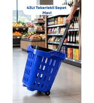 43 LT Tekerlekli Market Sepeti Plastik Alışveriş Sepeti Ergonomik Çift Saplı Mavi