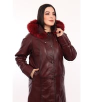 Hakiki Deri Bordo Kapşon Kürklü Kadın Ceket