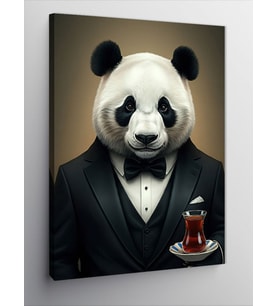 Kanvas Tablo Papyonlu Panda Ve Çay