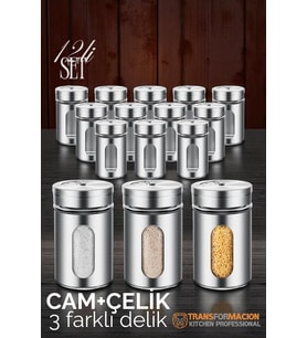 Cam+Çelik Tuzluk Biberlik Karabiberlik 3 Farklı Delikli 12 li SET 721946