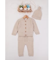 3007 Wofim Bebek Natural 3'lü Triko Hırkalı Takım (Bej)